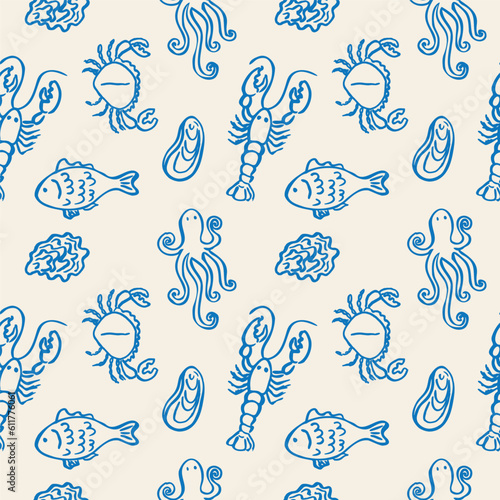 Seafood seamless pattern hand drawn vector illustration. Repeating background with fish, oysters, mussels, crab, lobsters, marine motif. Decorative  blue ornament 