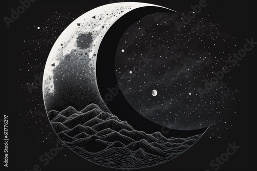 Fotobehang crescent moon with a mountainous landscape and starry sky