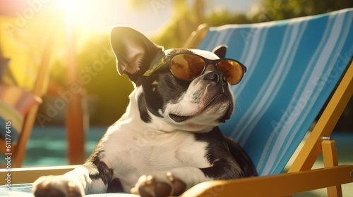 dog with sunglasses sunbathing on sun lounger. summer and vacation concepts. generative ai