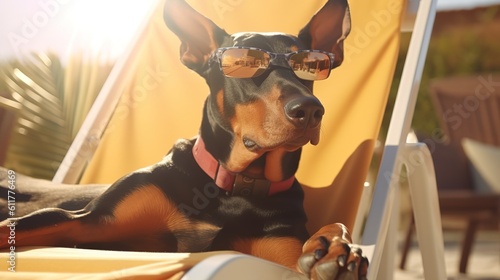 dog with sunglasses sunbathing on sun lounger. summer and vacation concepts. generative ai © think4photop