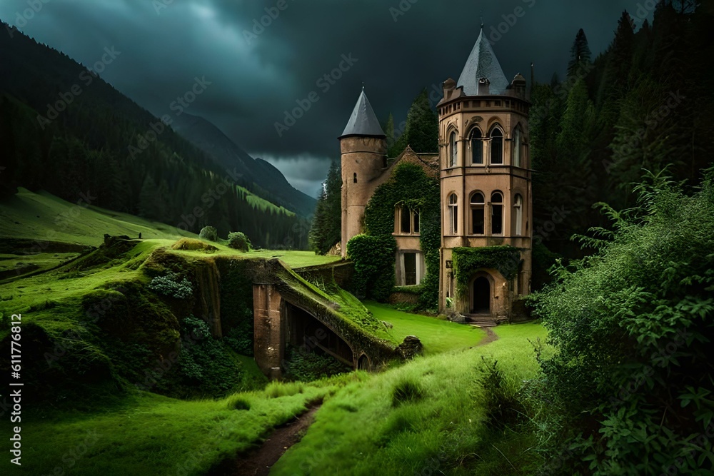 Naklejka premium an ancient castle with weathered stone walls and overgrown vines, standing as a testament to history