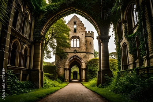 an ancient castle with weathered stone walls and overgrown vines, standing as a testament to history