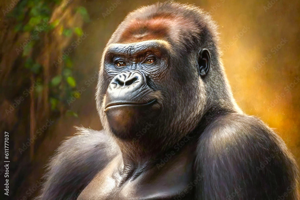 Portrait of realistic and adorable Gorilla with smile Illustration. Closeup funny smiling animal face. Hilarious, humorous, entertaining animals, Heartwarming concept. Made with Generative AI