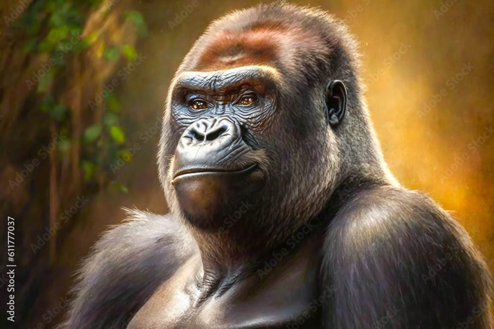 Portrait of realistic and adorable Gorilla with smile Illustration. Closeup funny smiling animal face. Hilarious, humorous, entertaining animals, Heartwarming concept. Made with Generative AI Portrait of realistic and adorable Gorilla with smile Illustration. Closeup funny smiling animal face. Hilarious, humorous, entertaining animals, Heartwarming concept. Made with Generative AI