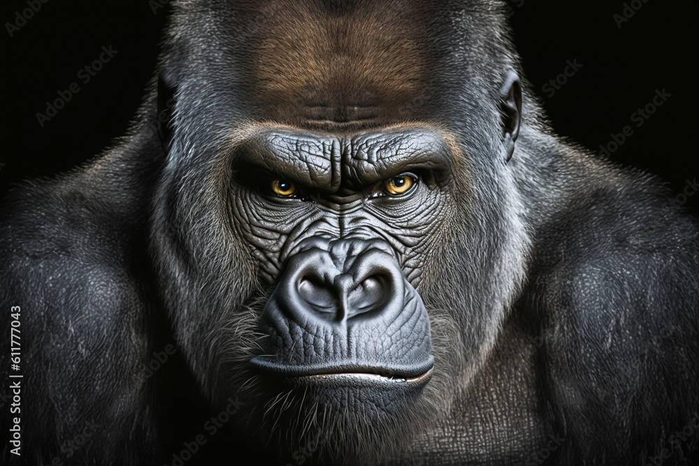 Obraz premium Portrait of realistic Gorilla seriously looking at a viewer Illustration. Intense expression, Confident posture, Weighty depiction, Penetrating gaze, Dignified gorilla concept. Made with Generative AI