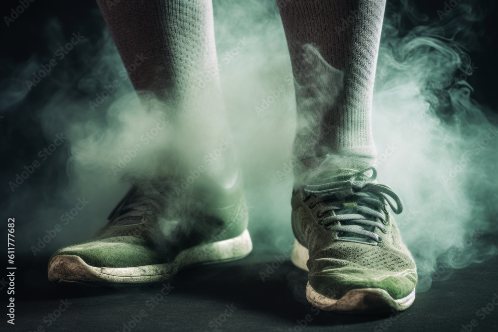 Smelly tennis shoes with green fumes rising up, foot odor concept ...