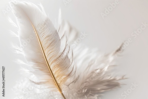 Beautiful fluffy white feather on a background of white, abstract feather. high quality. Copy design and text spacing. Pastel beige and white are the colors. high quality. Generative AI