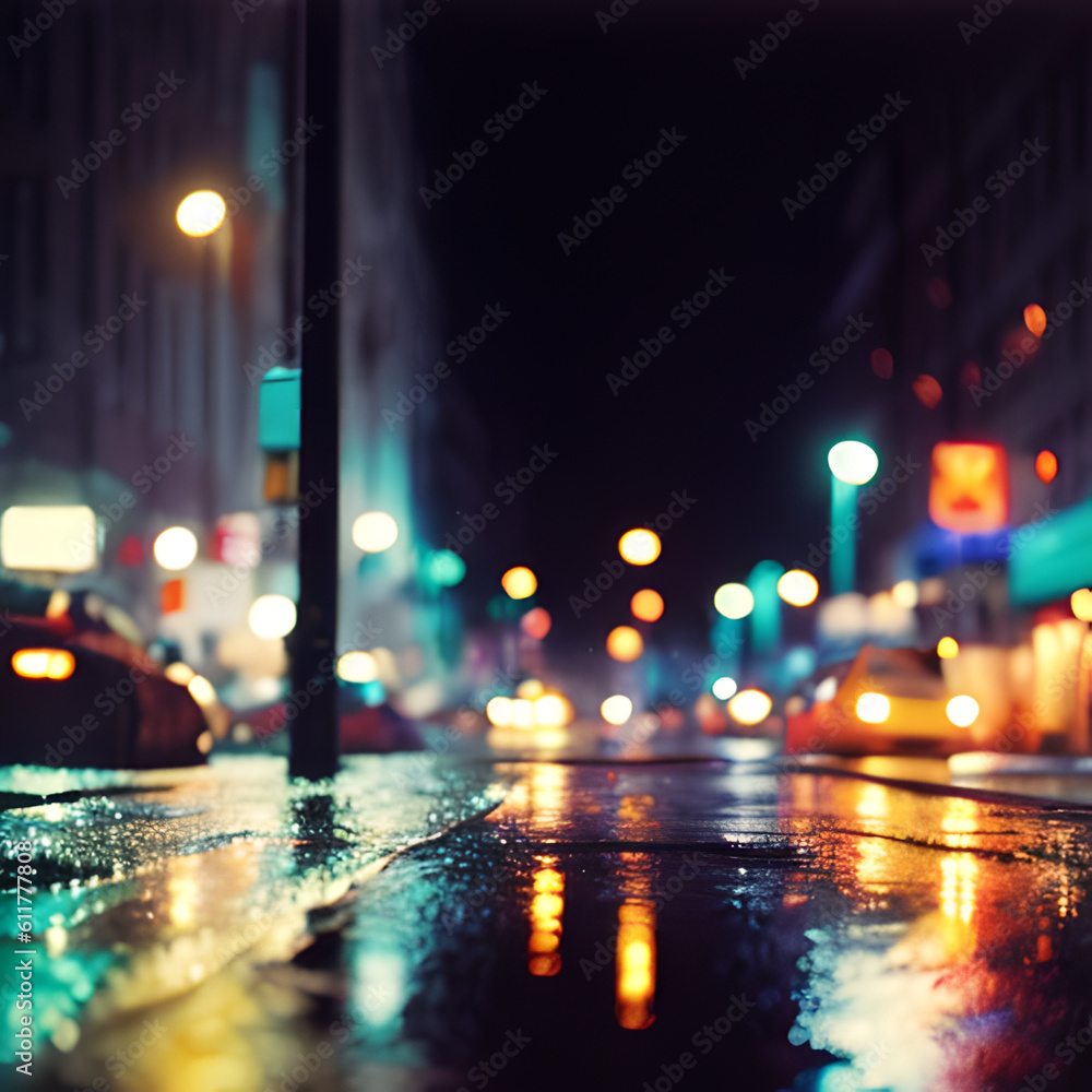Blurred illustration of a city street at night, with a glare effect, Night city, Generative AI