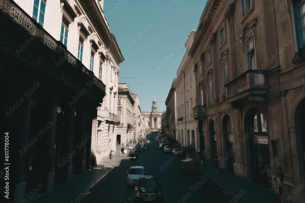 busy urban street with parked cars on both sides. Generative AI