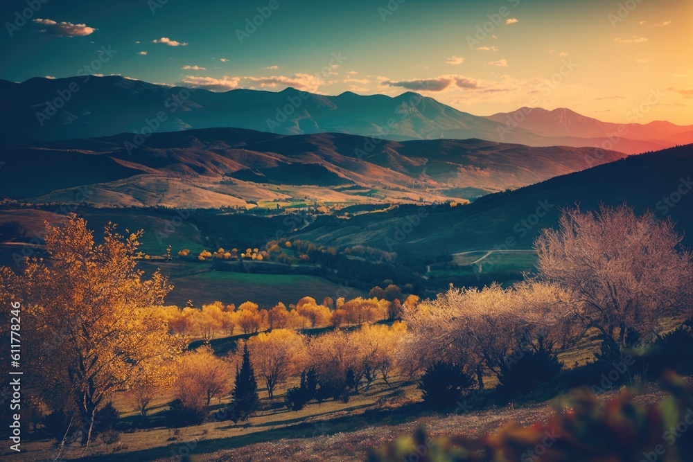 colorful sunset over a majestic mountain landscape. Generative AI