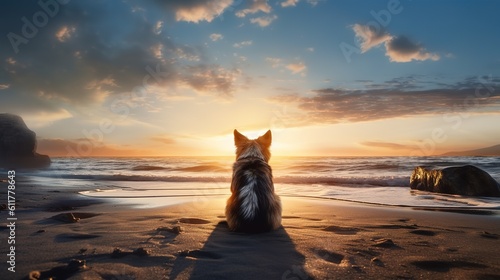dog sitting on a beach with sunset in the background. generative ai.