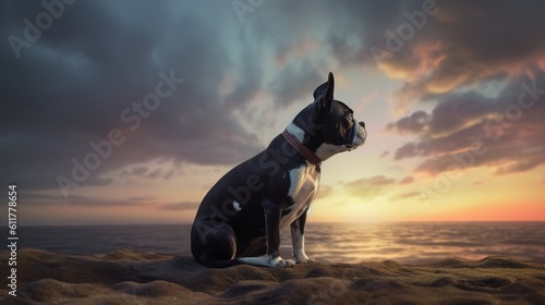 dog sitting on a beach with sunset in the background. generative ai.