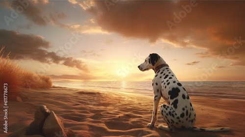 dog sitting on a beach with sunset in the background. generative ai.