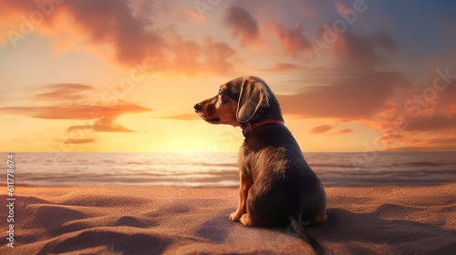 dog sitting on a beach with sunset in the background. generative ai.