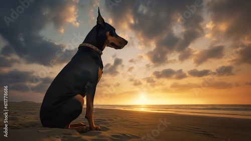 dog sitting on a beach with sunset in the background. generative ai.