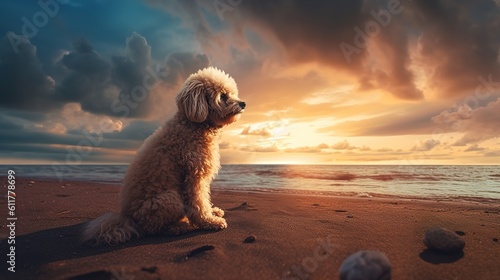 dog sitting on a beach with sunset in the background. generative ai.