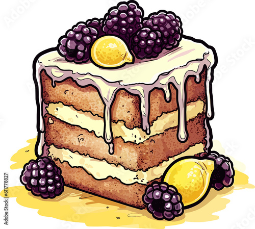 Cartoon Lemon Blackberry Cake Design, Png, illustration, Generative AI
