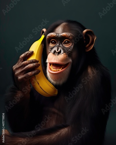 Foto funny chimpanzee with banana phone - generative AI