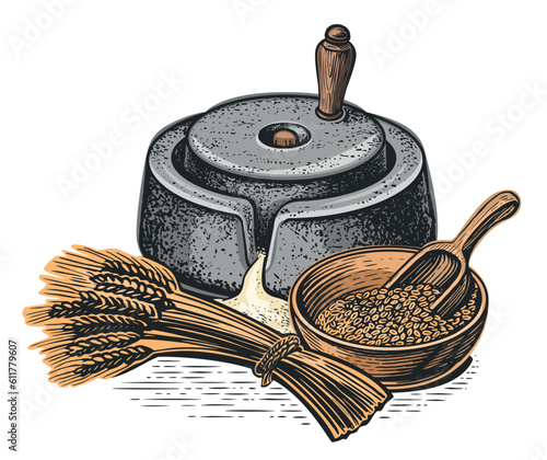 Hand millstones for grain with handle holder, ears of wheat, grains. Cooking and baking flour, food ingredients. Vector