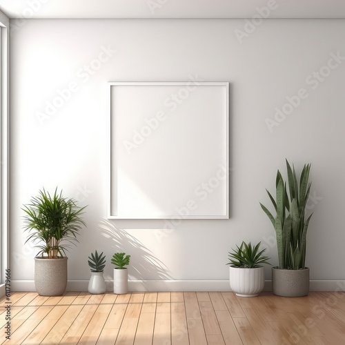 Portrait white picture frame mockup in interior. Modern ceramic vases with green plants  White wall background. Scandinavian interior. Vertical.
