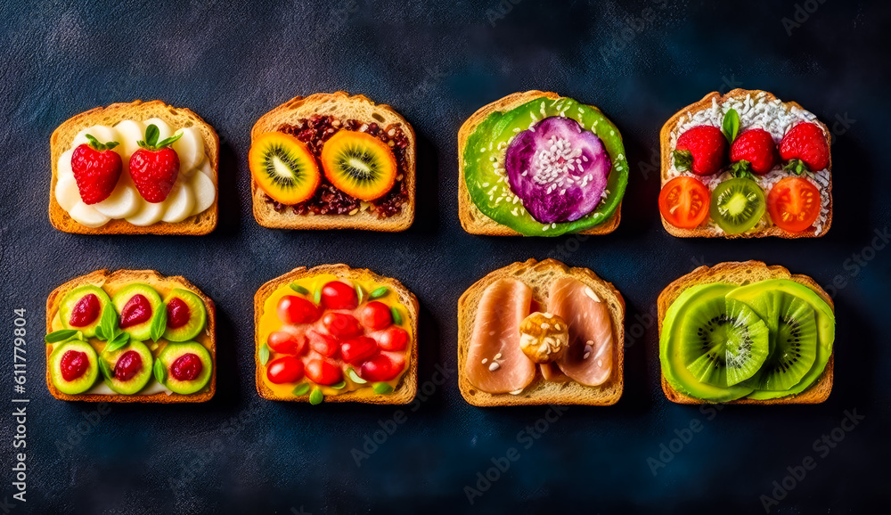 Fototapeta premium healthy food on toasted bread, top view, generative ai