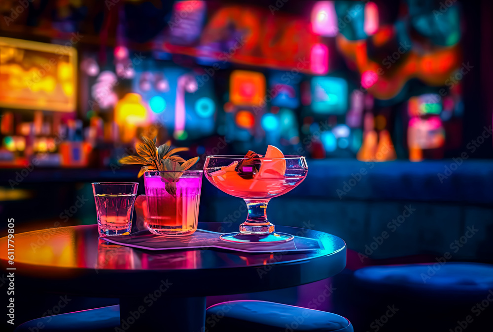 neon nightclub with drinks in the dark style, generative ai neon nightclub with drinks in the dark style, generative ai