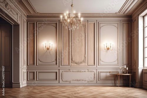 an empty room with a grand chandelier and ornate table. Generative AI