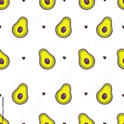 Seamless vector pattern. Juicy avocados and hearts. Vector illustration