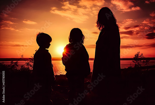 silhouette of mother and child at sunset on beach, generative ai