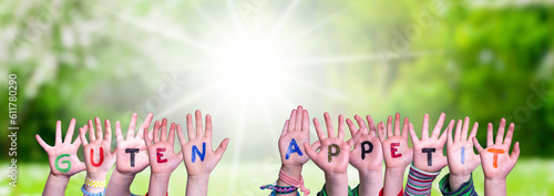 Foto Children Hands Building Word Guten Appetit, Grass Meadow
