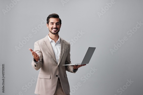 man job background internet copyspace smiling young business laptop suit computer freelancer