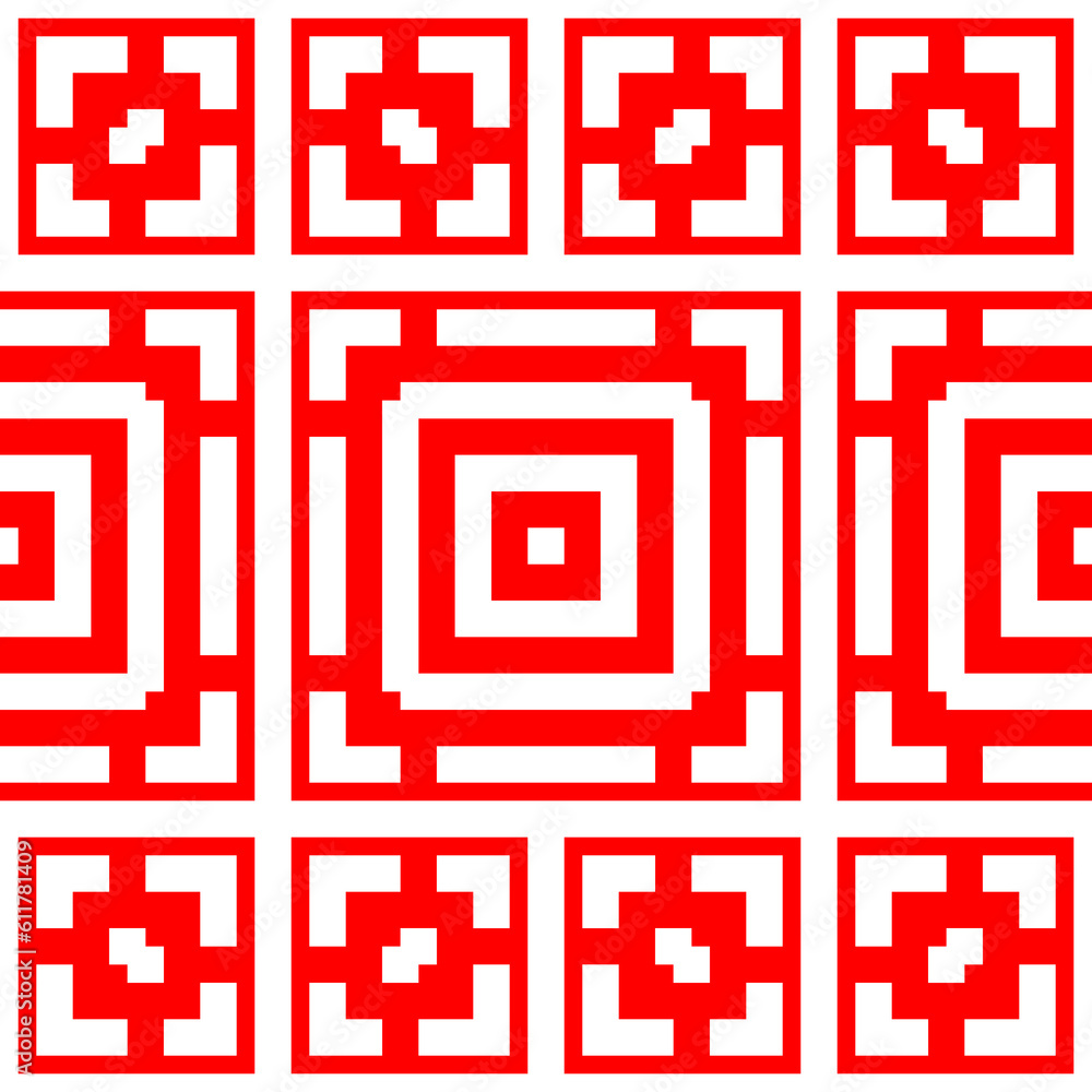 Repeated stylized white squares on red background. Quadrangles wallpaper. Seamless surface pattern design with symmetrical polygons ornament. Geometric motif. Digital paper for print Repeated stylized white squares on red background. Quadrangles wallpaper. Seamless surface pattern design with symmetrical polygons ornament. Geometric motif. Digital paper for print