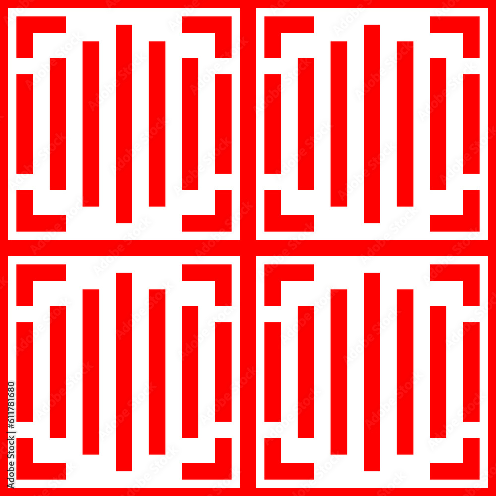 Repeated red figures on white background. Ornamental wallpaper. Seamless surface pattern design with symmetrical lines and brackets ornament. Ethnic motif. Digital paper for textile print. Repeated red figures on white background. Ornamental wallpaper. Seamless surface pattern design with symmetrical lines and brackets ornament. Ethnic motif. Digital paper for textile print.