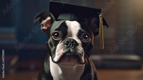 Generative Ai image of a boston terrier wearing a graduation cap photo