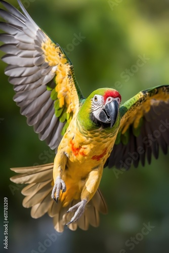 A parrot in flight closeup depth of field high speed camera. Generative AI photo