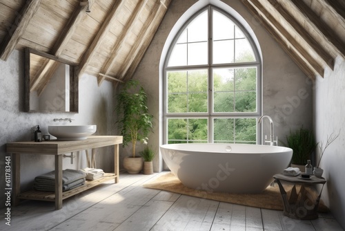 serene bathroom with a white bathtub positioned beneath a window. Generative AI
