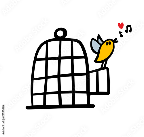 The little bird nightingale flew out of the cage and rejoices in freedom. Vector illustration of a singing animal, musical notes and a love heart.
