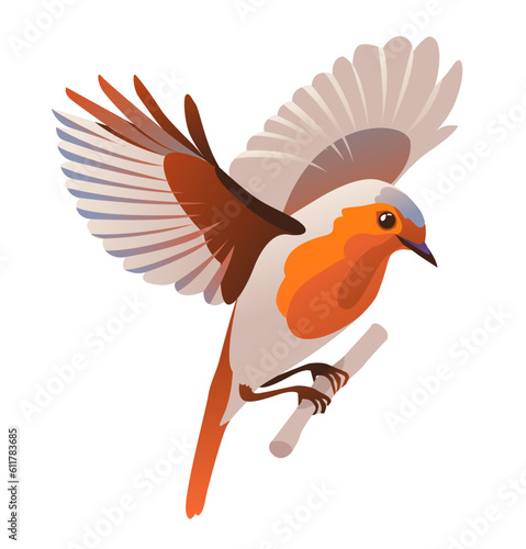 Bird flying European robin. Cartoon vector illustration on a white background