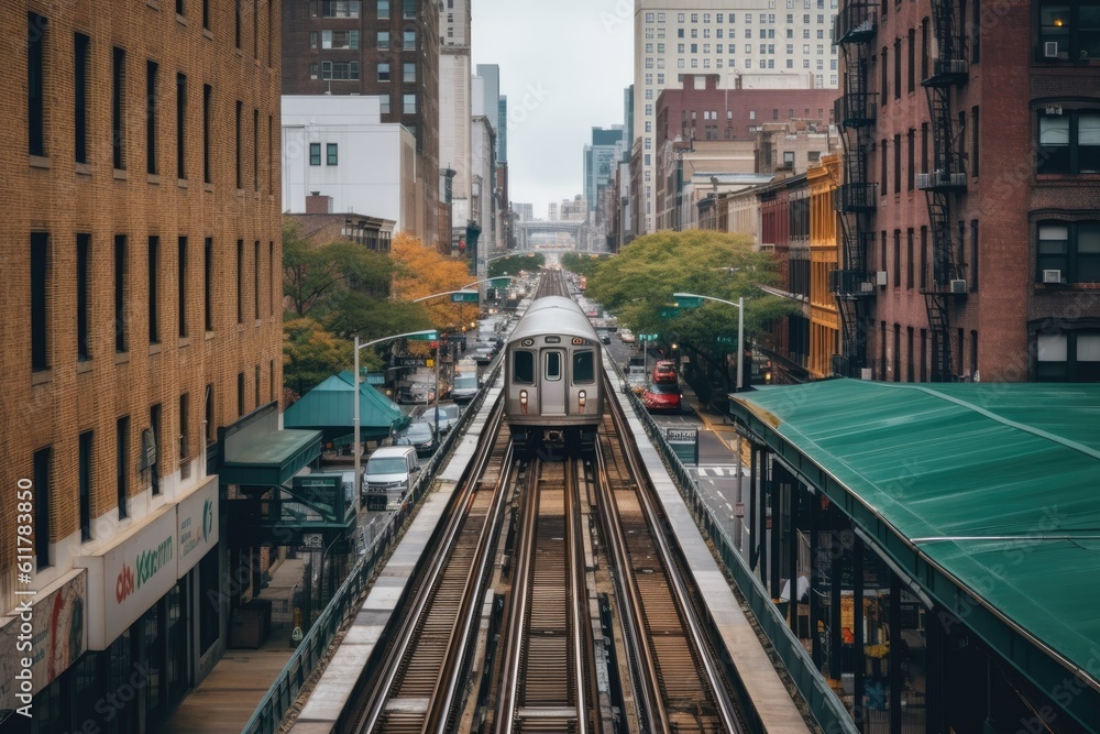 train passing through a bustling urban landscape. Generative AI