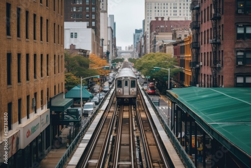 train passing through a bustling urban landscape. Generative AI