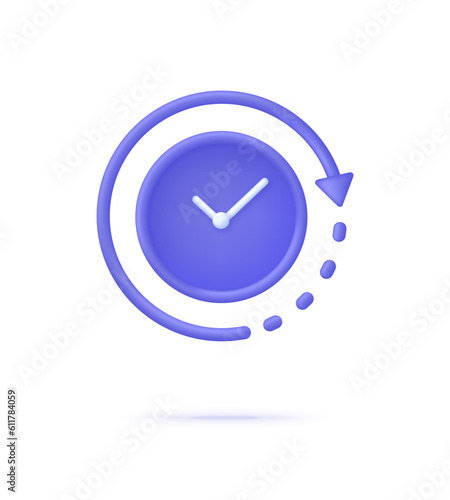 3D Clock icon. 24 hours. Passage of time. Time-keeping and measurement of time. Time period concept.