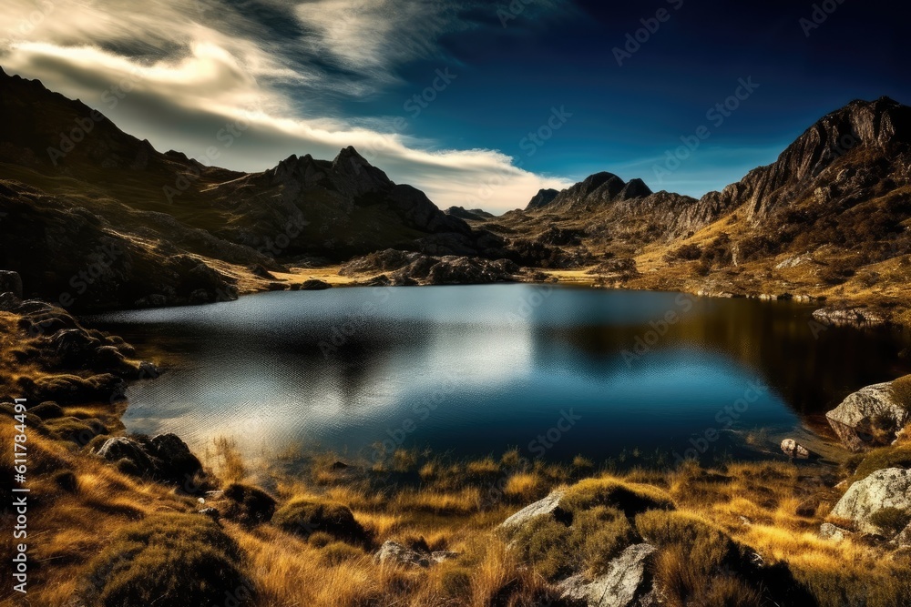 serene lake nestled among towering mountains. Generative AI