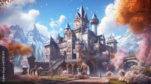 Grand and enchanting game art castle straight out of a fairy tale, complete with towering turrets, a drawbridge, and a sprawling garden © Damian Sobczyk