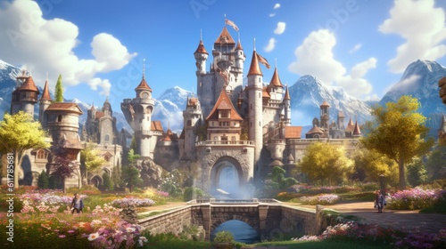 Grand and enchanting game art castle straight out of a fairy tale, complete with towering turrets, a drawbridge, and a sprawling garden © Damian Sobczyk