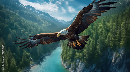 An AI generated illustration of a giant eagle flying over a large mountain lake. Mountains and forests can be seen in the background. photo