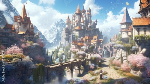 Grand and enchanting game art castle straight out of a fairy tale, complete with towering turrets, a drawbridge, and a sprawling garden