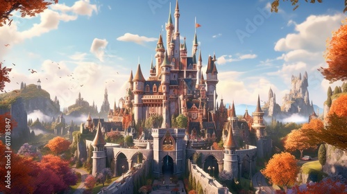 Grand and enchanting game art castle straight out of a fairy tale, complete with towering turrets, a drawbridge, and a sprawling garden