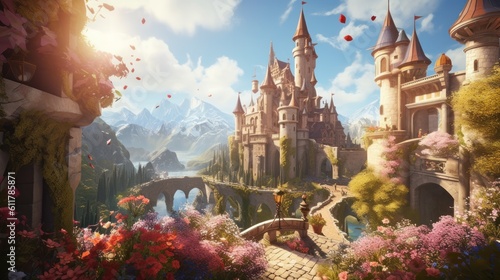 Grand and enchanting game art castle straight out of a fairy tale  complete with towering turrets  a drawbridge  and a sprawling garden