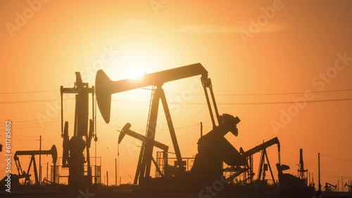 The sun rises behind a large oil field in California.