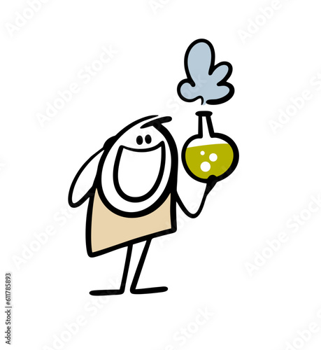 Funny man is delighted to hold a flask with green liquid and looks at the chemical reaction. Vector illustration of student or scientist at science lesson.